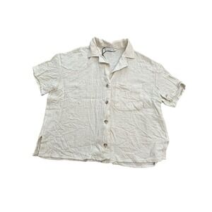 Stradivarius Top Womens Small Linen Blend Short Sleeve Boxy Shirt Flax‎ #U3